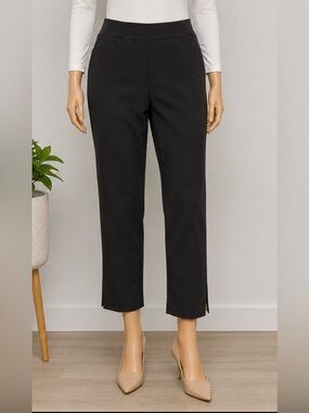 Essentials Sioni Black pants women size L straight leg side slits stretch